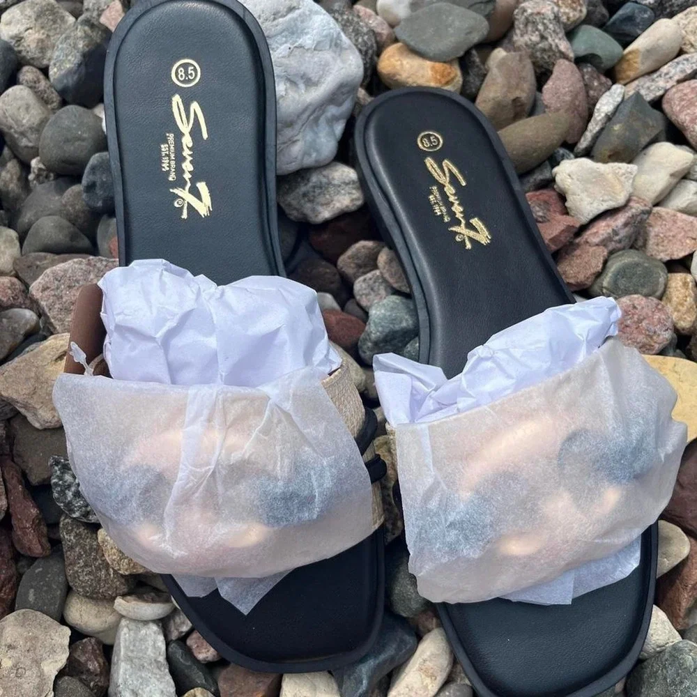 Seven 7 Black + gold ruffle sandals